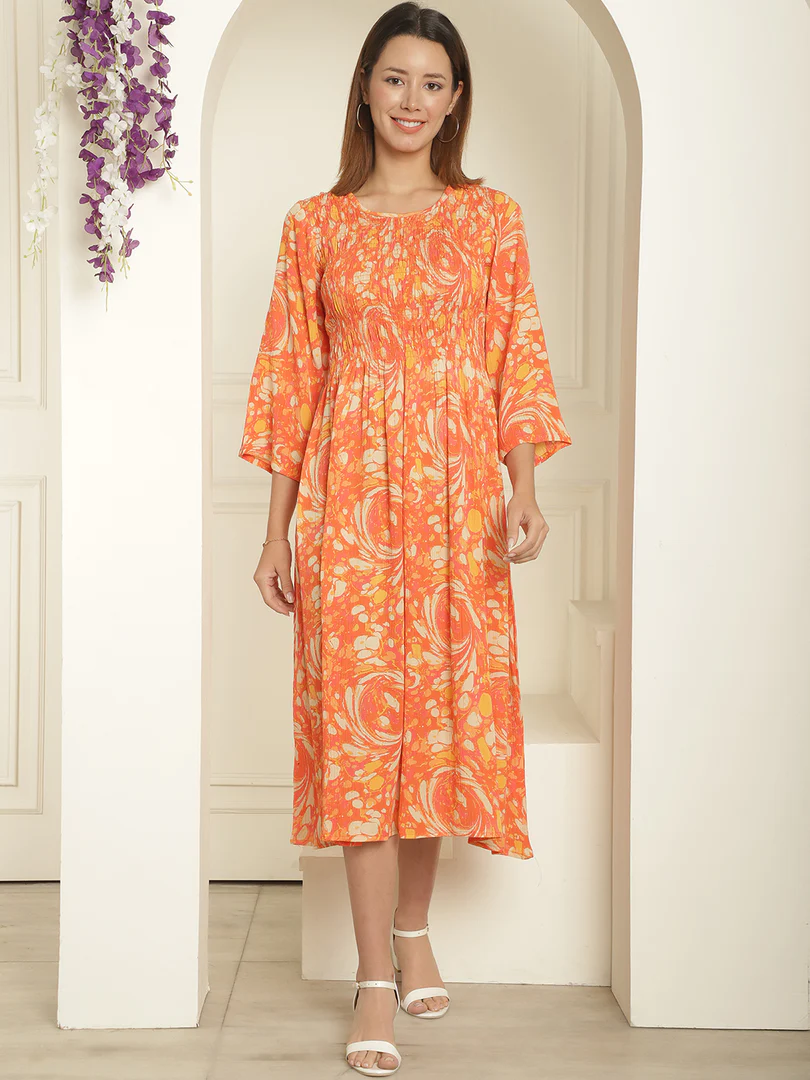 Aawari Abstract Printed Round Neck Smocked A-Line Midi Dress