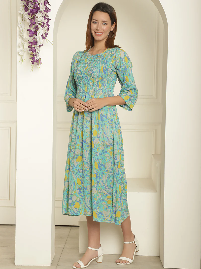 Aawari Abstract Printed Round Neck Smocked A-Line Midi Dress