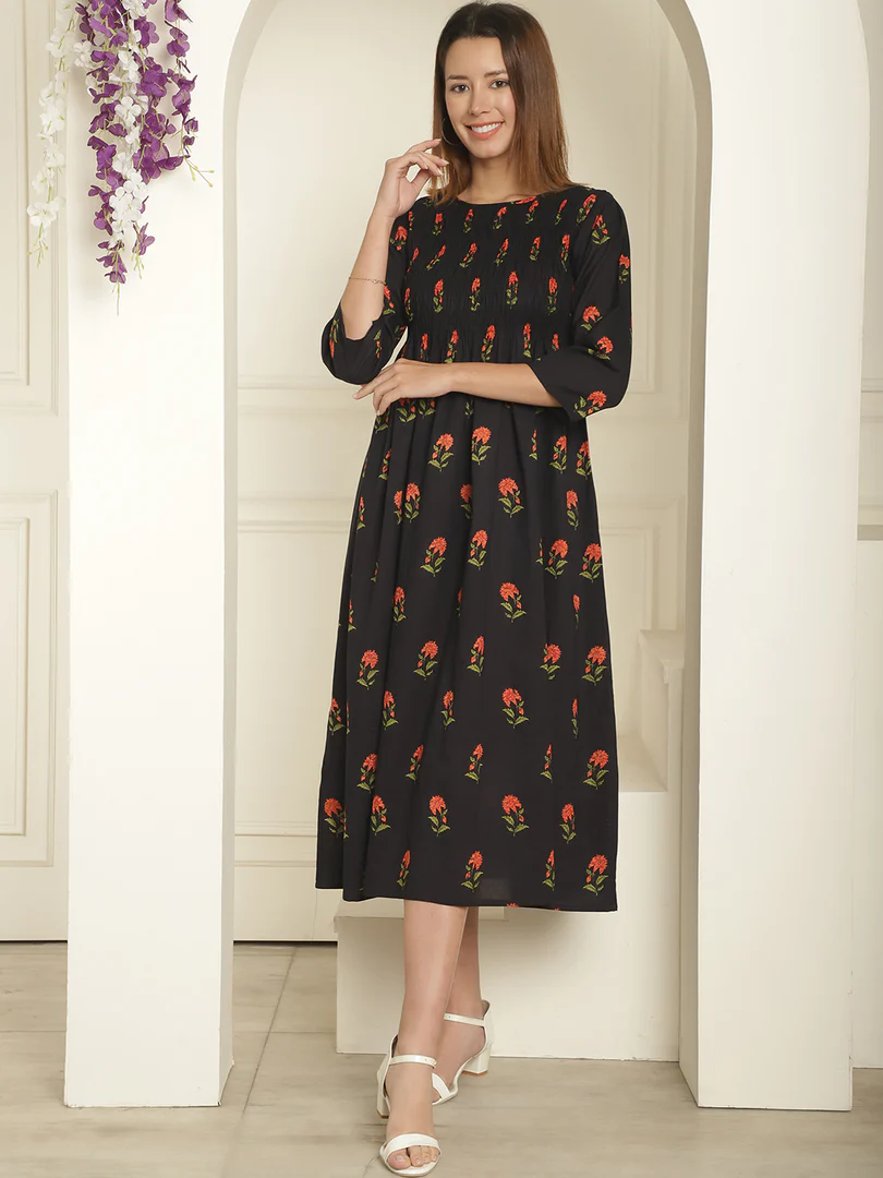 Aawari Abstract Printed Round Neck Smocked A-Line Midi Dress